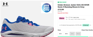 Under Armour Junior Girls UA HOVR Sonic 5 Running Shoes in Grey for only £13.99
