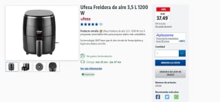 Ufesa Freidora de aire 3,5 L 1200 W por 37,49€