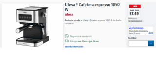 Ufesa Monza Cafetera Espresso y Capuccino 1050W por 57.49€