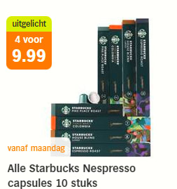Alle Starbucks Nespresso capsules 10 stuks - 4 verpakkingen voor €9,99 bij de AH