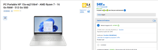 PC Portable 15.6" HP 15s-eq2106nf - FHD IPS, Ryzen 7 5700U à 549€