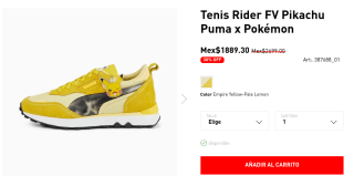 Tenis Rider FV Pikachu Puma a $1,889