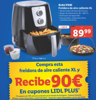 Salter Freidora de aire 5,2 L 1300 W vale 89,90€ pero te dan 90€ en vales de compra por su compra