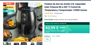 Freidora de aire sin aceite - capacidad 4.5L por solo 38.99€