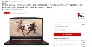 Ordenador Portátil gaming - MSI Katana GF66 12UE-1202XES, 15.6" Full HD, Intel® Core™ i7-12650H, 16GB RAM, 512GB SSD, GeForce RTX™ 3060, FreeDos por 913€