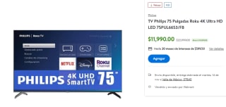 TV Philips 75" Roku 4K UHD LED 75PUL6653/F8 por $9,592 en Walmart