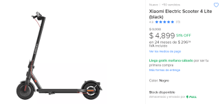 Xiaomi Electric Scooter 4 Lite (Black) por $4,749 en Mercado Libre