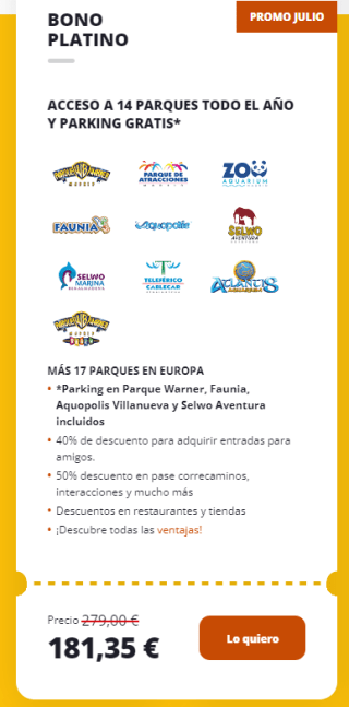 Ofertaza Bono Parque Platino por solo 181,35€