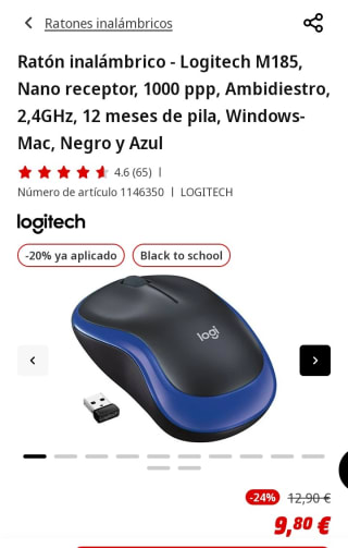 Ratón inalámbrico Logitech M185 por 9,80€.