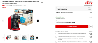 Cafetera de cápsulas Bosch TAS16B3C1, 0.7 l, 3.3 bar, 1400 W, 1 x Pack Tassimo regalo por 49,90€