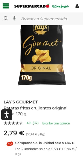 3×2 LAY'S GOURMET Patatas fritas crujientes original bolsa 170 g por 5,58€.
