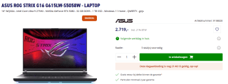 ASUS ROG Strix G16 G615LW-S5058W - Laptop voor €2.719 bij Azerty