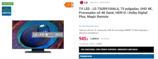 Televisor LED - LG 75UR91006LA, 75 pulgadas, UHD 4K, Procesador α5 4K Gen6, HDR10 / Dolby Digital Plus, Magic Remote por 915€