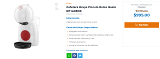 Cafetera Krups Piccolo Dolce Gusto KP1A05MX por $995 en Chedraui