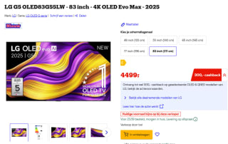 LG G5 OLED83G55LW - 83 inch - 4K OLED Evo Max - 2025 voor €4.199 na cashback bij Bol