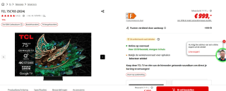 TCL TV 75C765 75 inch 4K QD Mini LED 144Hz Dolby Vision Dolby Atmos voor €999 bij de Mediamarkt