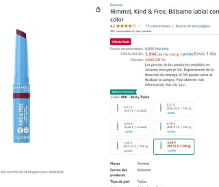 Rimmel, Kind & Free, Bálsamo labial con color por 3,79€