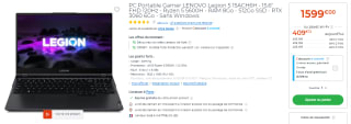PC Portable Gamer LENOVO Legion 5 15ACH6H - 15,6" FHD 120Hz - Ryzen 5 5600H à 1599€