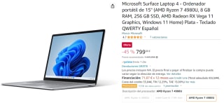 Ordenador Portátil - Microsoft Surface Laptop 4, 15", AMD Ryzen™ R7-4980U, 8 GB RAM, 256 GB SSD, Radeon™, W11 por 799€