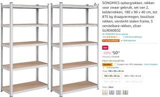 SONGMICS set van 2 stellingkasten voor €45,89 bij Amazon