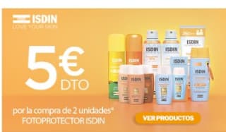 5€ de descuento por la compra de 2 productos Fotoprotector Isdin