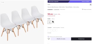 Pack de 4 sillas Dinamarca Estilo nórdico por 54,28€ (cuenta nueva por 42,28€)