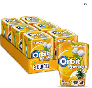 Pack 6 x 30 Chicles de Bote de Chicles Sin Azúcar Sabor Tropical, Afrutado, Intenso y de Larga Duración en formato Gragea por 3.99€