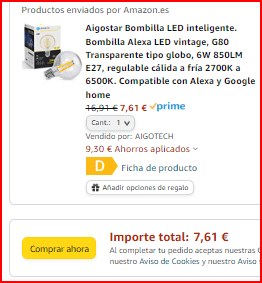 Aigostar Bombilla LED Inteligente G80 por 7,61€