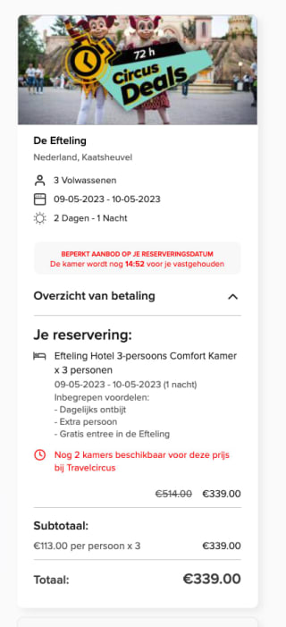 Tickets voor 2 dagen Efteling + Efteling Hotel / Vakantiepark met ontbijt voor 2 personen voor €129 p.p. via Travelcircus