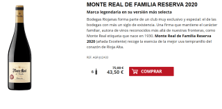 6 Botellas de Monte Real de Familia Reserva 2020 por 33.5€