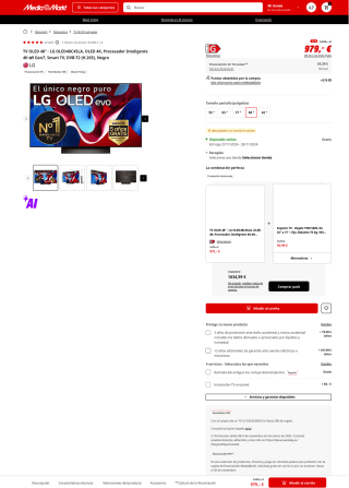 TV OLED 48" LG OLED48C45LA OLED 4K Procesador Inteligente 4K α9 Gen7 Smart TV DVB-T2 por 979€ reembolso 50€