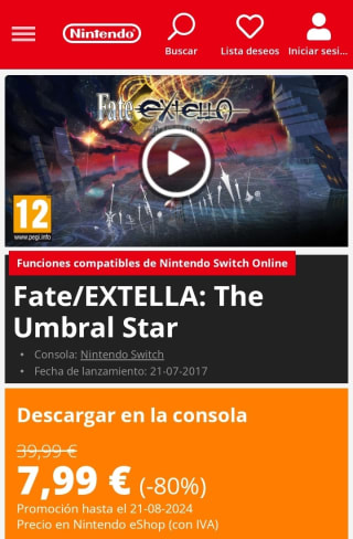 Fate/Extella: The Umbral Star Nintendo Switch por 7,99€.