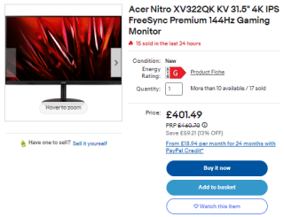 Purchase an Acer Nitro 32" gaming monitor from eBay for £341.27