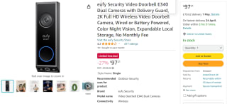 eufy Security Video Doorbell E340 Dual Cameras with Delivery Guard for only £97.21