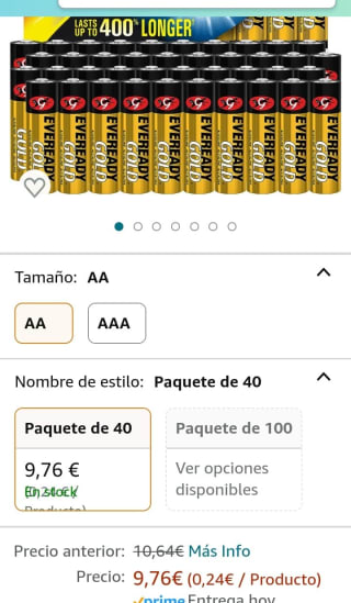 Eveready Pilas alcalinas AA de oro, 40 unidades por 8,78€.