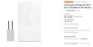 Interruptor inteligente WIFI Sin Neutro por $156 en Mercado Libre