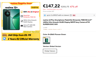 Realme 12+ 8GB/256GB voor €147,22 bij Aliexpress