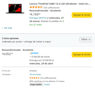 Lenovo ThinkPad X280 12.5" i5-8250U 8GB 256GB Reacondicionado por $4,053 en Amazon