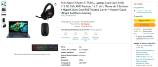 Acer Aspire 3 Ryzen 5-7520U 15.6" con Teclado y Audífonos HyperX y Mouse por $9,706 en Amazon