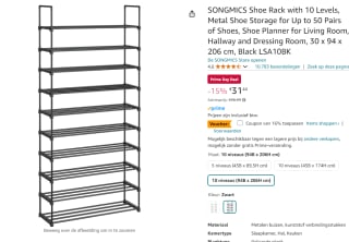 Songmics 10-laags schoenenrek voor tot 50 schoenen voor €26,40 met Amazon Prime