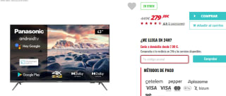 TV 43" Panasonic TX-43JX700E 4K, Android TV por 279€