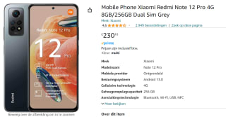 Redmi Note 12 Pro 4G, 8GB ram, 256GB opslag Zwart voor €230,10 bij Amazon.nl