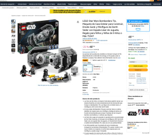 LEGO Star Wars Bombardero Tie Maqueta de Caza Estelar para Construir, Droide Gonk y Minifigura de Darth Vader con Espada Láser de Juguete por solo 43,33€