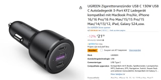UGREEN 69W USB/USB-C autolader voor €14,99 bij Amazon