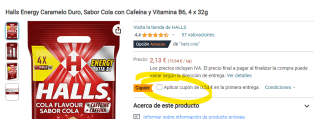 Pack 4 x 32g Caramelo Duro, Sabor Cola con Cafeína y Vitamina B6 marca Halls Energy por 1,70€