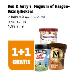 1+1 gratis op Ben & Jerry, Magum en Häagen-Dazs bij Poiesz-supermarkten