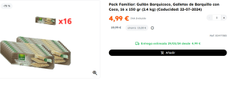 2 Packs de 16 unidades de 150 grs de Gullón Barquicoco, Galletas de Barquillo con Coco por 9.98€