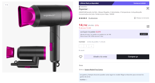 Secador de pelo, 1800W Aigostar Diane 32QYD por 14.79€ (Cuenta Nueva 8.87€)