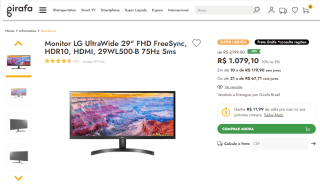 Monitor Gamer da LG, modelo UltraWide de 29 polegadas - R$ 1.079,10