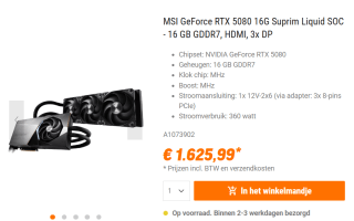 MSI GeForce RTX 5080 16G SUPRIM LIQUID SOC voor €1.625,99 bij Nbb